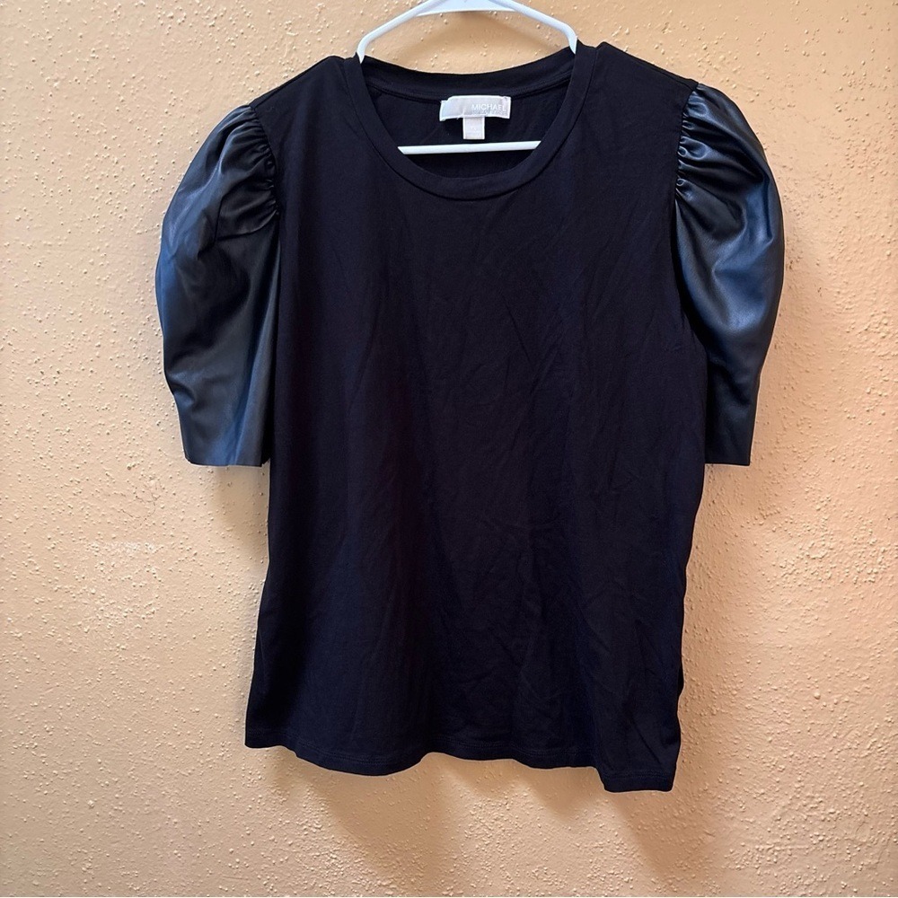 Michael Kors Black Puff Sleeve Top Faux Leather Mixed Media XL - Picture 2 of 10